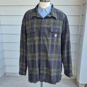 CARHARTT Grey Green Plaid Thick Cotton Flannel 4XL Loose Fit Mens Shirt TW4451-M